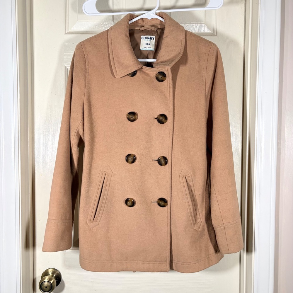 2013 Old Navy Womens Pea Coat Jacket Camel Tan Wool Blend Double Breasted Size M